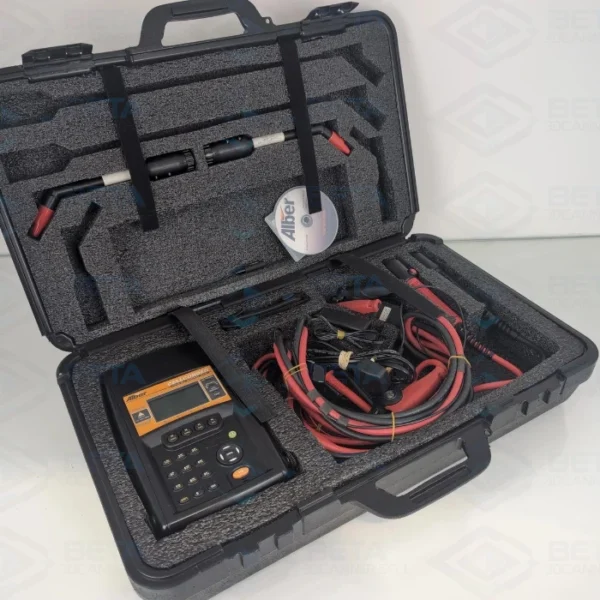 High-angle view of an open black hard carrying case displaying the complete Alber Cellcorder CRT-400 battery tester kit seated in custom protective foam. The main CRT-400 handheld unit is secured on the bottom left, next to a bundle of coiled heavy-duty red and black test cables and clamps on the right. The top lid compartment holds modular extended probe handles with red protective tips and an Alber software setup CD.