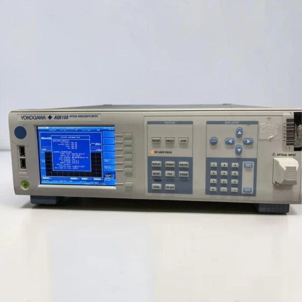 Front view of the Yokogawa AQ6150 Optical Wavelength Meter powered on against a clean white background. The central blue LCD screen displays the system information menu, verifying model code AQ6150-10-D/FC and operational status. The front control panel features softkeys along the screen, function buttons (REPEAT, SINGLE, STOP, ANALYSIS), a numeric data entry keypad, dual USB ports, an illuminated power switch, and a protected optical input port on the far right.