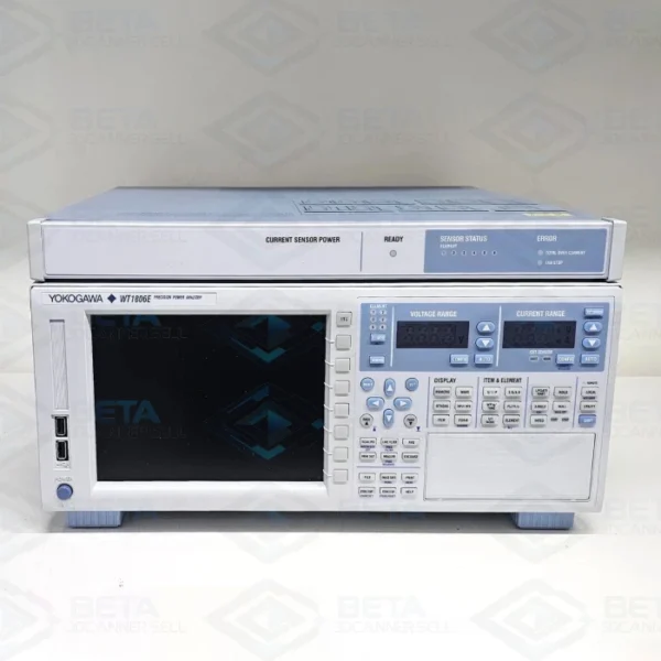 Front view of the Yokogawa WT1806E Precision Power Analyzer with its top-mounted Current Sensor Power supply module resting on a white surface. The main unit features a large color LCD display screen on the left, flanked by softkey navigation buttons, dedicated Voltage and Current Range LED readouts, and a comprehensive control panel keypad on the right. The top extension unit displays 'CURRENT SENSOR POWER' indicators and 'SENSOR STATUS' LEDs.