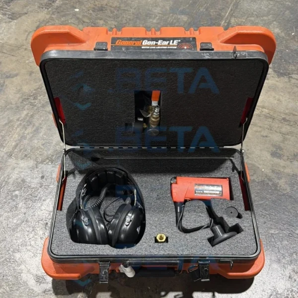 General Wire Gen-Ear LE water leak location system kit neatly organized in an orange hard carrying case, including noise-cancelling headphones, palm amplifier, and sensor
