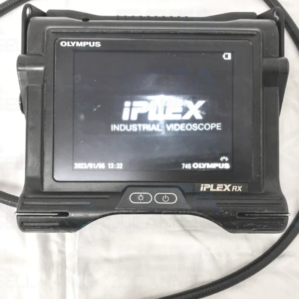 Olympus IPLEX RX IV9635RX 6.0mm industrial borescope unit displaying the IPLEX startup screen on its LCD monitor
