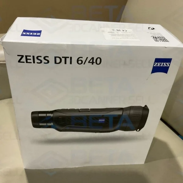 White retail product box for the ZEISS DTI 6/40 Thermal Imaging Camera, featuring a full-color profile image of the black handheld monocular device, with the ZEISS logo clearly displayed.