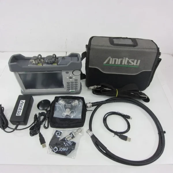 Calibrated Anritsu S331L Cable and Antenna Analyzer package including a JDSU cal kit, power adapter, RF cable, and soft case.