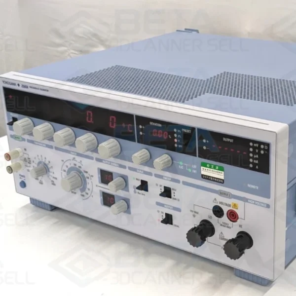 Angled front panel view of a Yokogawa 2560A Precision DC Calibrator, showing its digital LED displays, control knobs, switches, and output terminals used for laboratory equipment calibration.
